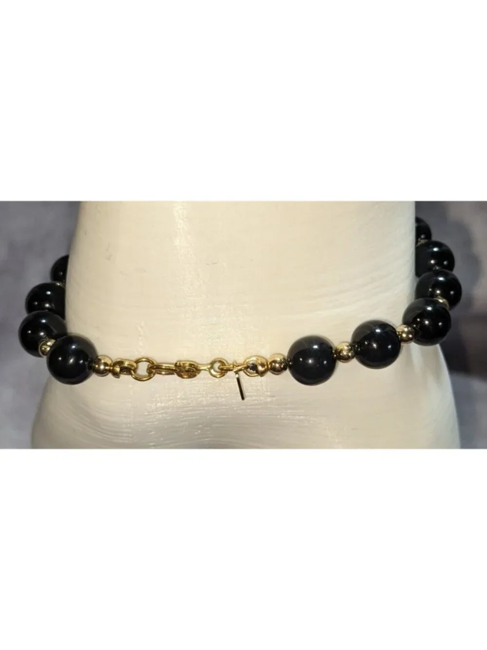 Glam Vintage Monet Black Beaded Bracelet Gold Tone Statement Jewelry